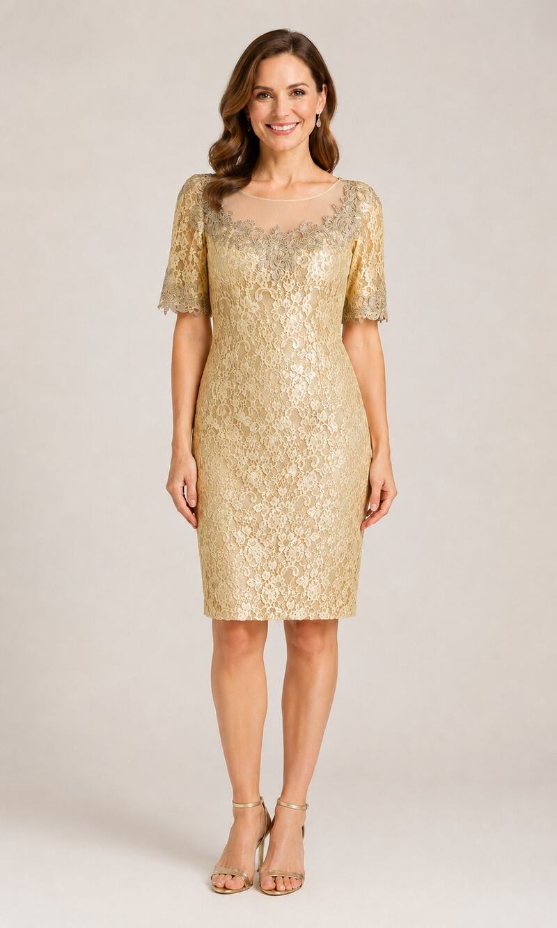 Social Occasions Mon Cheri Champagne Gold Lace Sheath Cocktail Dress Womens 12